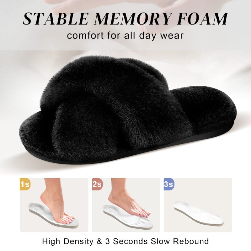 Parlovable Women's Fuzzy Slippers Comfy Cross Band House Shoes Memory Foam Open Toe Indoor Gifts for Ladies Black 5-6 - Image 4
